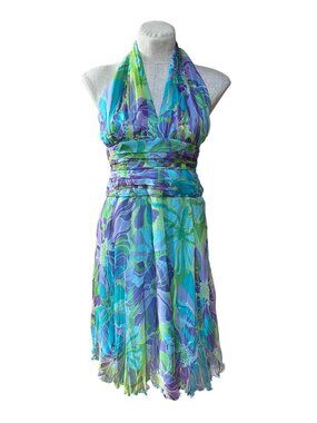 Y2K Tadashi Petite Blue Silk Fairy Dress Chiffon Halter Tropical Floral Print
